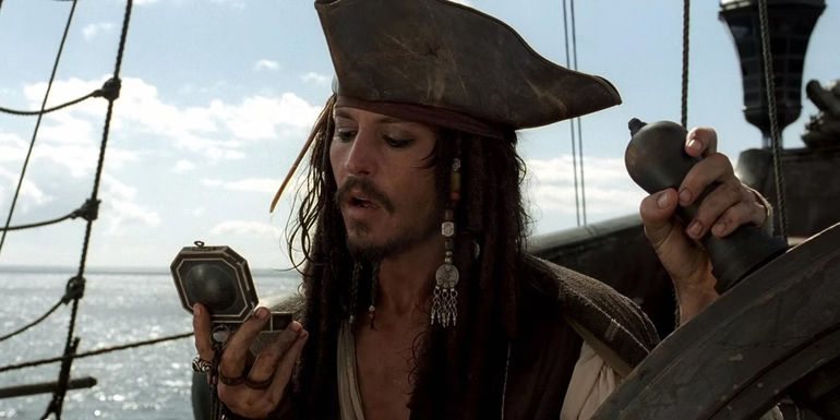 Johnny Depp as Jack Sparrow at the end of Pirates of the Caribbean The Curse of the Black Pearl
