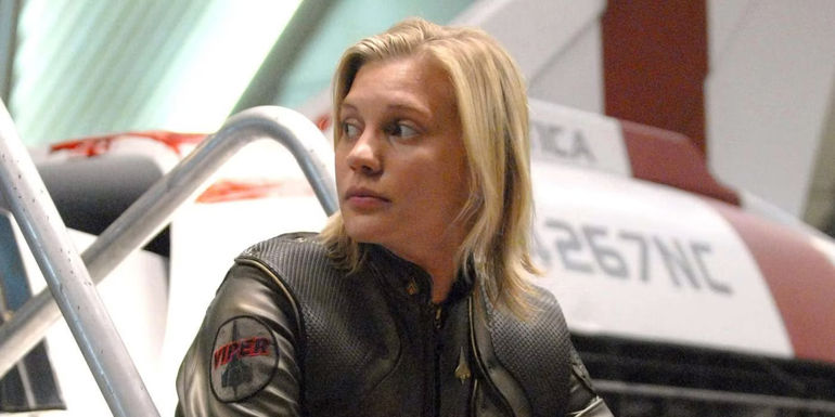 Katee Sackhoff as Starbuck by her Viper in Battlestar Galactica
