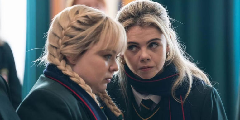 Nicola Coughlan as Clare and Saoirse-Monica Jackson as Erin in Derry Girls