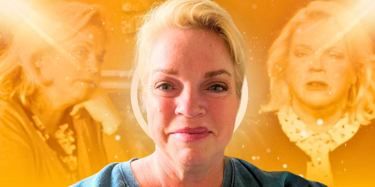 a montage of Janelle Brown from Sister Wives yellow background