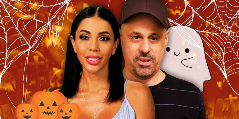 90 Day Fiancé’s Jasmine Pineda and Gino Palazzolo, with a Halloween-themed background