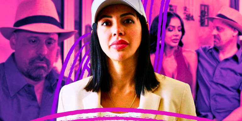 90 Day Fiancé star Jasmine Pineda in white blazer and cap with Gino Palazzolo's faded photos behind her in pink shade