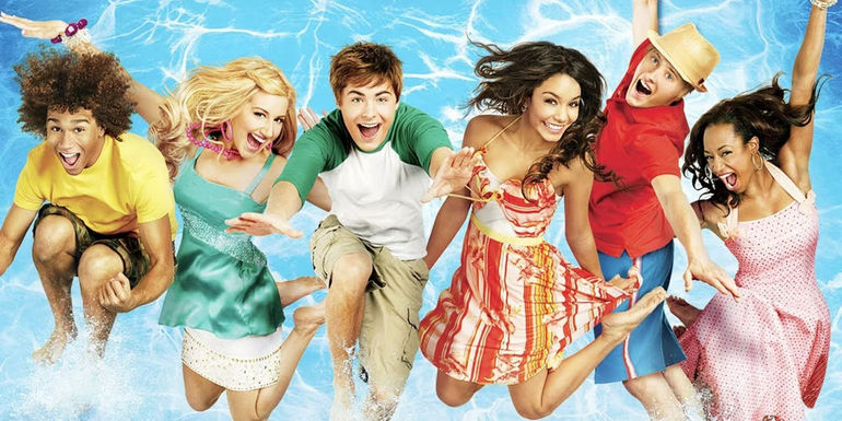 High School Musical 2 Cast picture of everyone jumping into a pool.