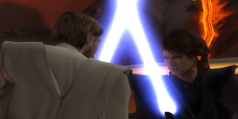 Obi-Wan Kenobi fighting Anakin Skywalker on Mustafar in the Revenge Of The Sith game