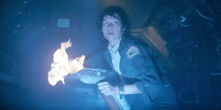 Sigourney Weaver as Ellen Ripley in Alien with Flamethrower