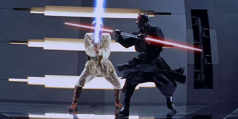 Obi-Wan Kenobi duels Darth Maul on Naboo on Star Wars: The Phantom Menace