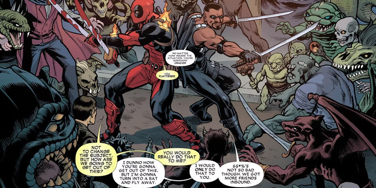Blade threatens to turn into a bat and leave Deadpool