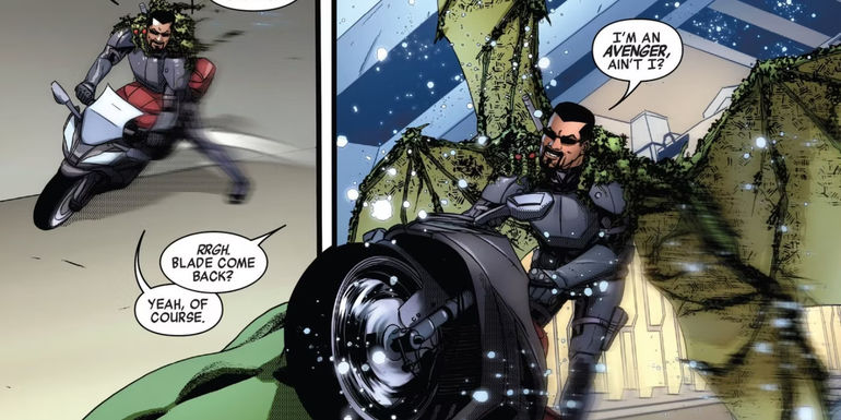 Boy-Thing helps blade fly on his motorcycle