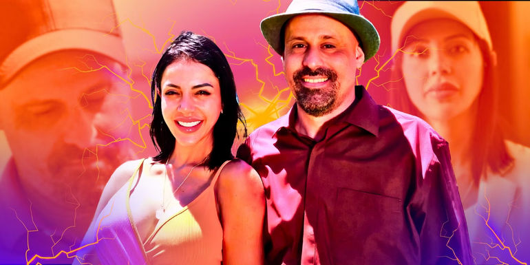 90 Day Fiancé's Jasmine Pineda & Gino Palazzolo standing next to each other for season 10 promo with electric sparks behind them showing faded pictures of them looking unhappy