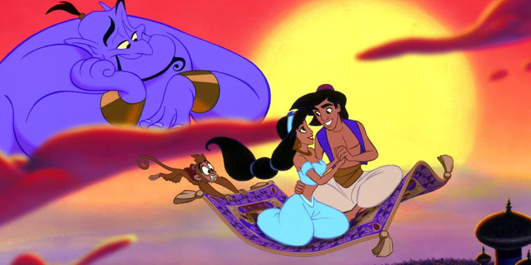 Scott Weinger as Aladdin looking down at Scott Weinger as Aladdin and Linda Larkin as Jasmine on the flying carpet in Aladdin