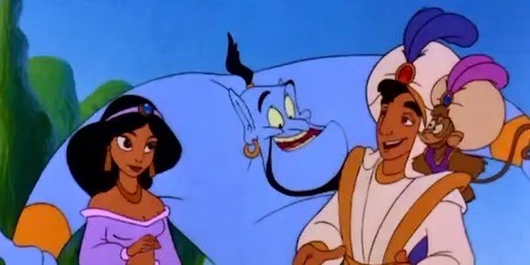 Genie with his arms around Jasmine and Aladdin