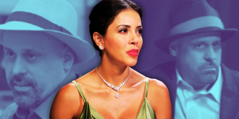 Jasmine Pineda wearing green strappy dress during Tell All with Gino Palazzolo pics behind her