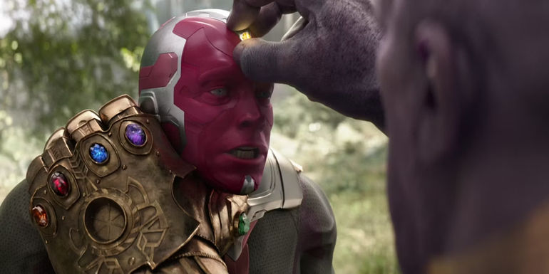 Josh Brolin's Thanos kills Paul Bettany's Vision by removing the Mind Stone from his head in Avengers: Infinity War
