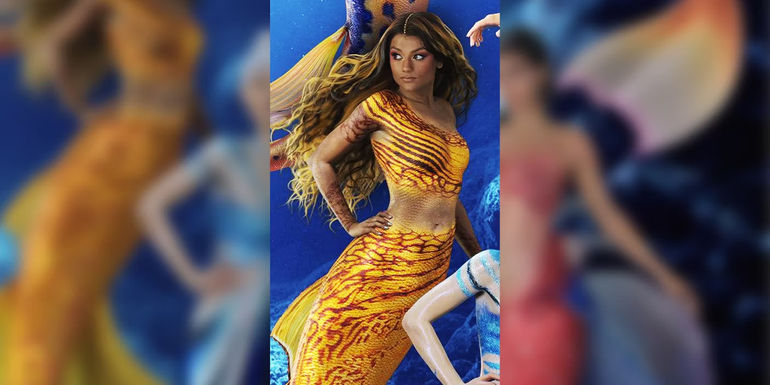 Simone Ashley as Indira with yellow scales and fins in the live action Little Mermaid