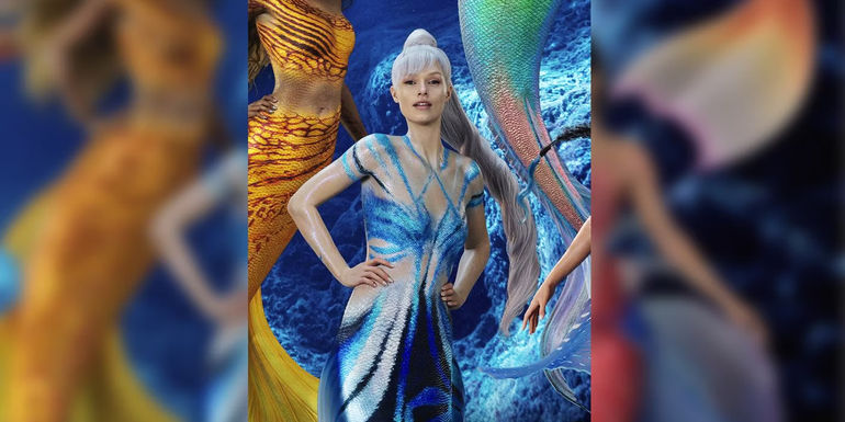 Kajsa Mohammar as Karina with blue and white fins and scales in the live action The Little Mermaid