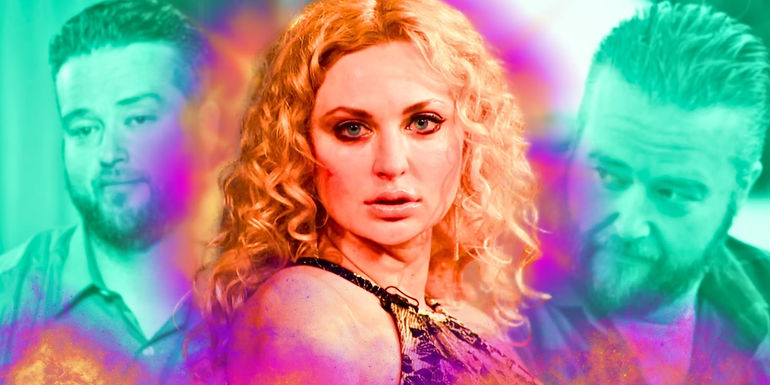 Natalie Mordovtseva from 90 Day Fiancé looking over her shoulder with & Mike Youngquist's faded photos in the background