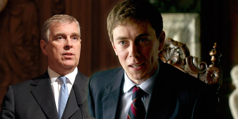 Prince Andrew in real life and Tom Byrne as Prince Andrew in The Crown.
