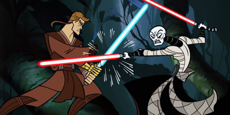Anakin fighting Asajj Ventress in Clone Wars.