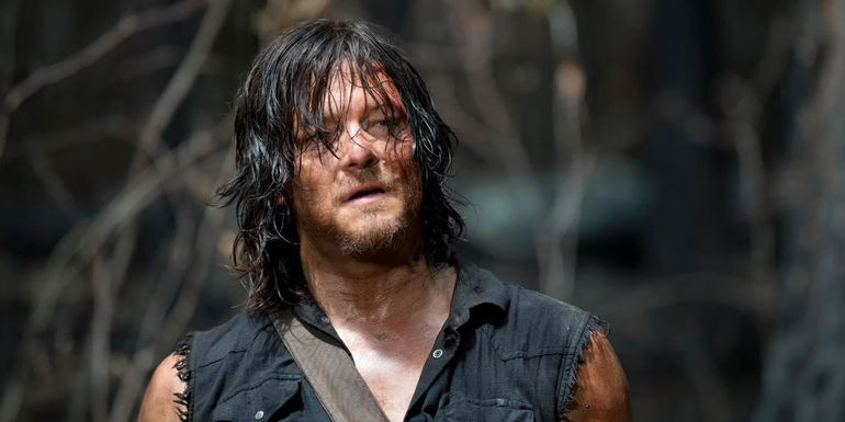 Daryl (Norman Reedus) looks sweaty and bloody in The Walking Dead