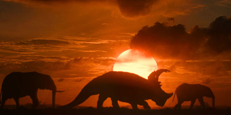 Dinosaurs and Elephants walk through the Sahara in Jurassic World Dominion