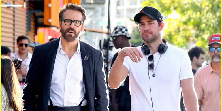 Ryan Reynolds walks with John Krasinski on set of IF