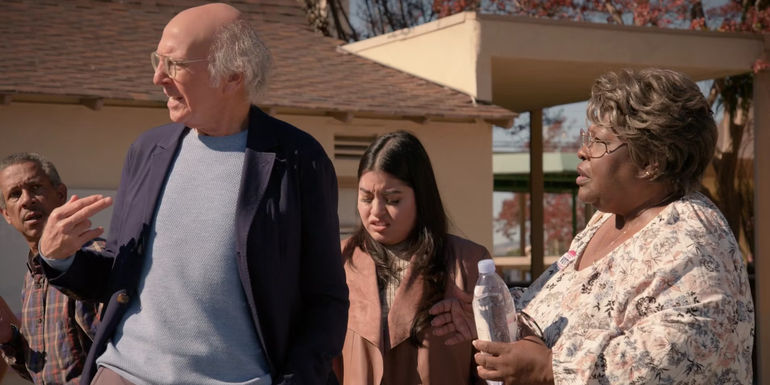Larry stands with Auntie Rae in Curb Your Enthusiasm