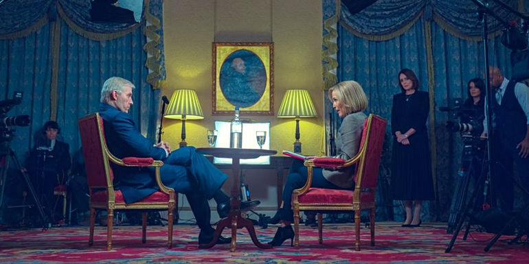 Rufus Sewell as Prince Andrew and Gillian Anderson as Emily Maitlis in Scoop.