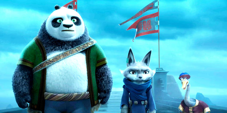Jack Black as Po, Awkwafina as Zhen, and James Hong as Mr. Ping standing in front of boat in Kung Fu Panda 4