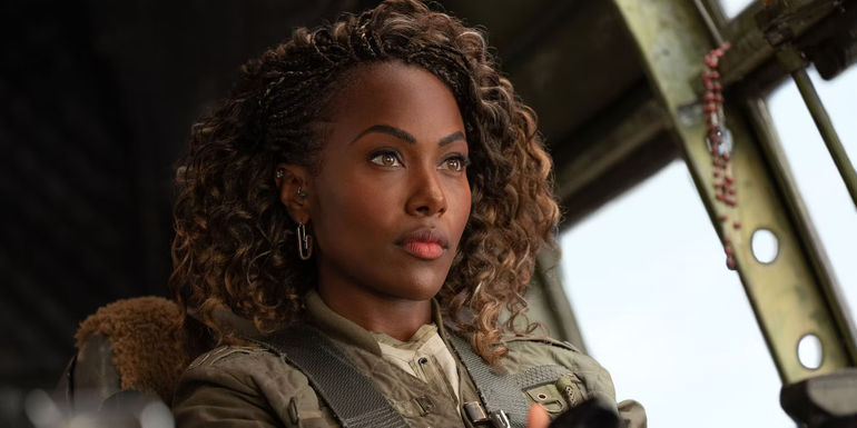 Kayla Watts (DeWanda Wise) flying a plane in Jurassic World Dominion
