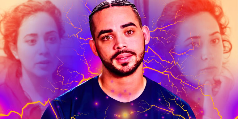 Montage of 90 Day Fiancé's Rob Warne and Statler Riley, with orange lightning bolts