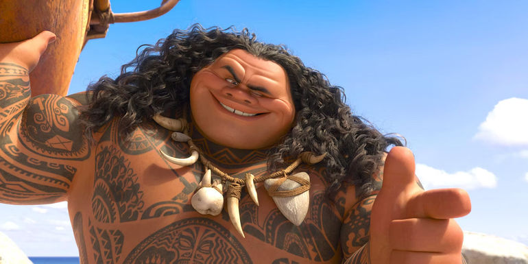 Maui smiling confidently in Moana.