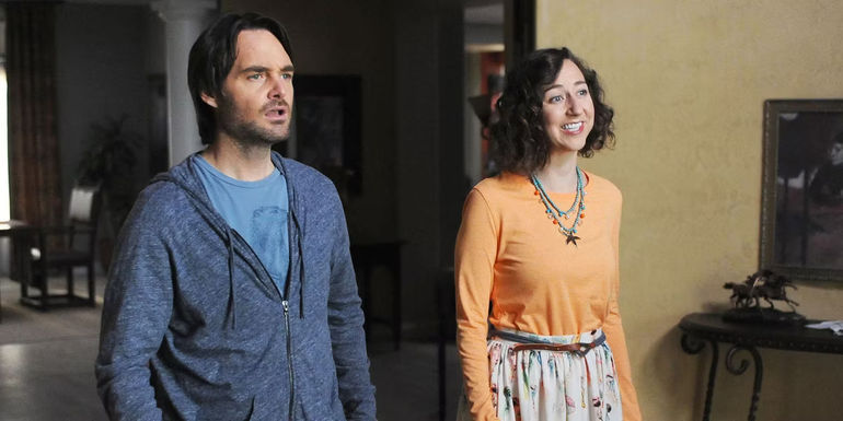 Will Forte looking confused and Kristen Schaal smiling in The Last Man on Earth