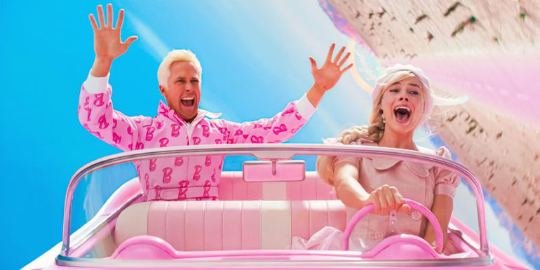 Barbie and Ken flipping upside down in the car in Barbie.