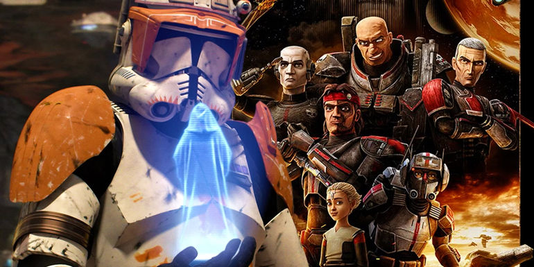 Commander Cody receiving Order 66 from a hologram of Palpatine next to the poster for Star Wars: The Bad Batch showcasing the titular Clones