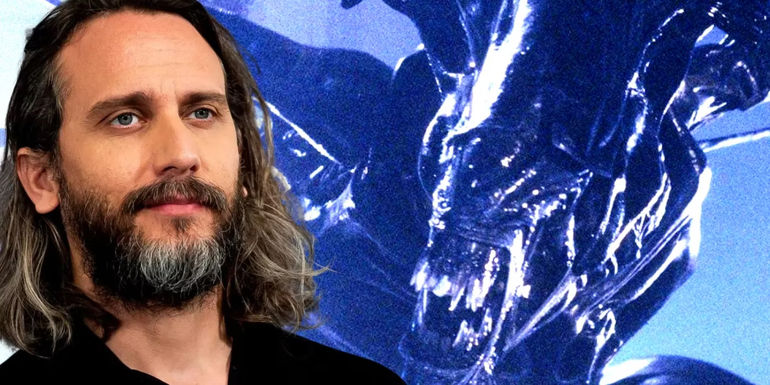 Fede Alvarez, director of Alien Romulus, superimposed over an images of the Xenomorph Queen
