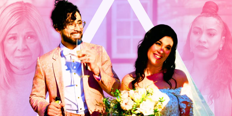 Chloe and Michael from Married at First Sight season 17 in wedding attire with experts in the backgroound