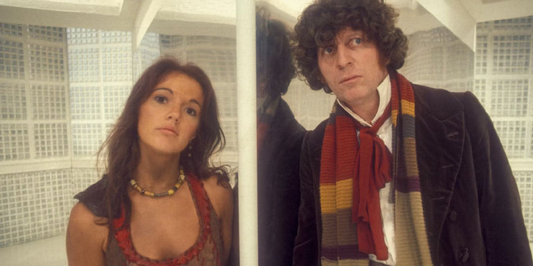 Louise Jameson as Leela and Tom Baker as the Fourth Doctor on the set of The Face of Evil