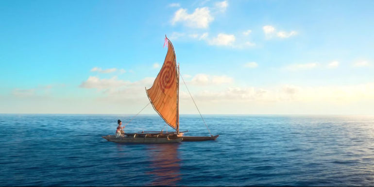 Moana on her boat surrounded by water in Moana