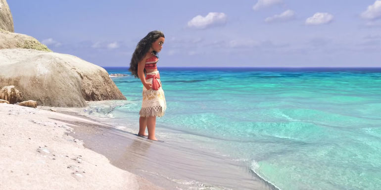 Moana standing on a beach looking angry in Moana