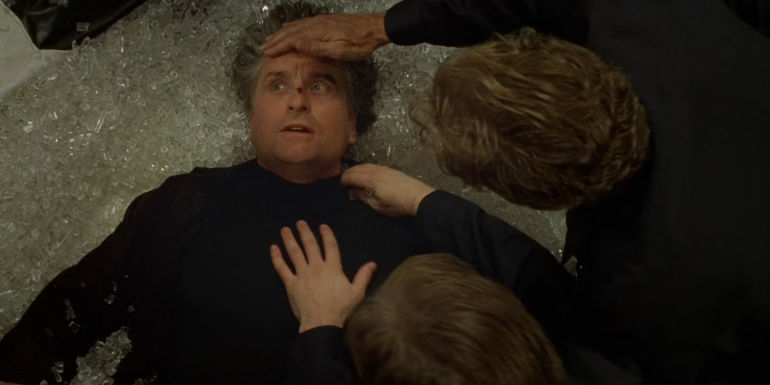 Michael Douglas lying on broken glass in The Game