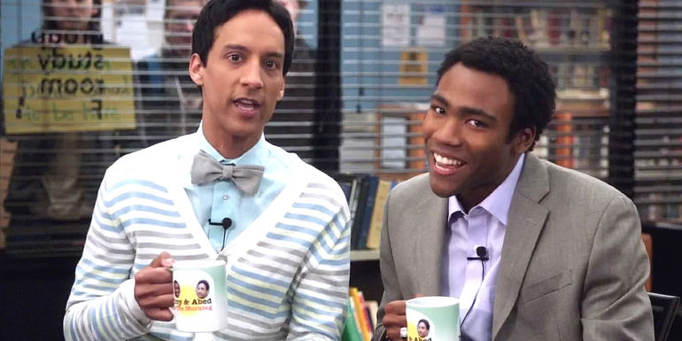 Abed (Danny Pudi) and Troy (Donald Glover) with mugs on Community