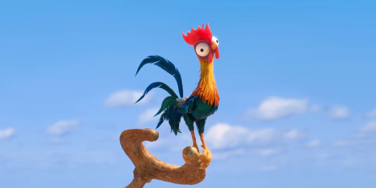 Heihei standing on top of a stick.