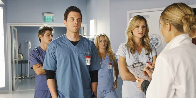 Scrubs Season 9 Med School Michael Mosley as Drew Suffin, Kerry Bishe as Lucy Bennett, Dave Franco as Cole Aaronson with doctor and clipboard.
