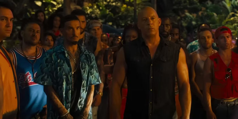 Diogo and Dom in front of a crowd in Fast X