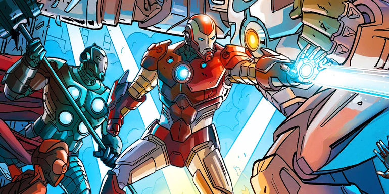 Iron Man battling armored villains in Marvel Comics' Armor Wars