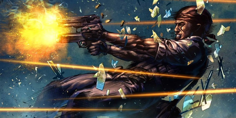 Jake firing two guns on the cover of Afterburn_ Mayhem in Moscow comic