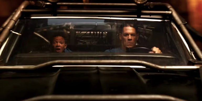 Jakob and Little Brian in a car chase in Fast X