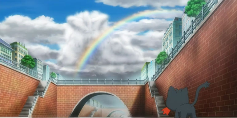 Pokemon: Litten sees Stoutland's image behind the rainbow.