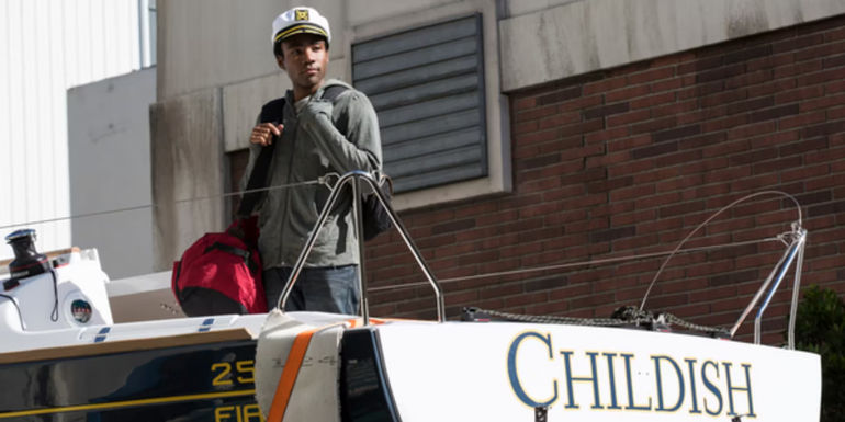 Troy departing on Pierce's boat in Community