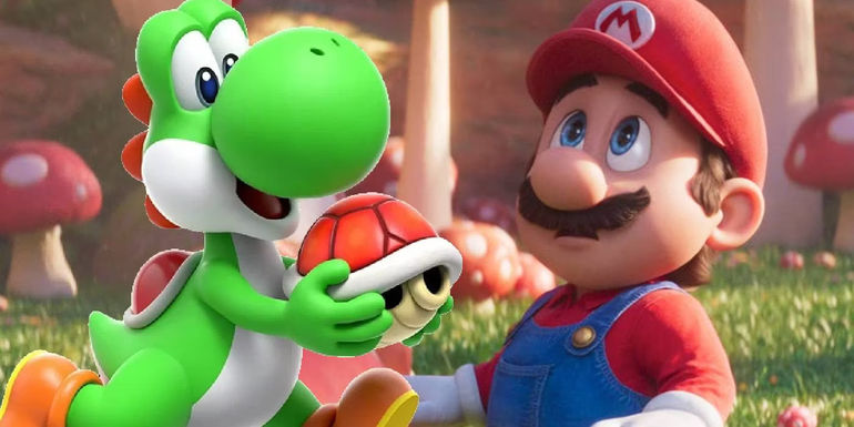 Yoshi holding a shell and Mario smiling in the Super Mario Bros Movie